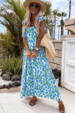 Blue Floral Print Square Neck Ruffled Strap Maxi Dress - Image 4