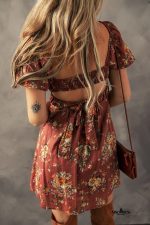Red Floral Puff Sleeve Square Neck Knot Open Back Mini Dress - Image 2