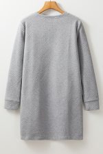 Gray Solid Color Textured Long Sleeve Shift Short Dress - Image 9