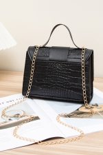 Black Textured Leather Buckle Chain Shoulder Bag - Image 2