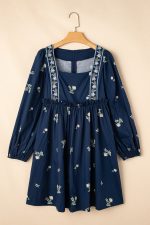 Blue Floral Print Puff Sleeve Babydoll Dress - Image 8