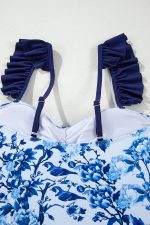 Blue Cutout Ruffle Spaghetti Strap One-Piece Swimwear - Image 9