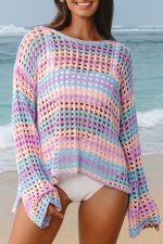 Purple Striped Hollow Knit Summer Beach Cover Up