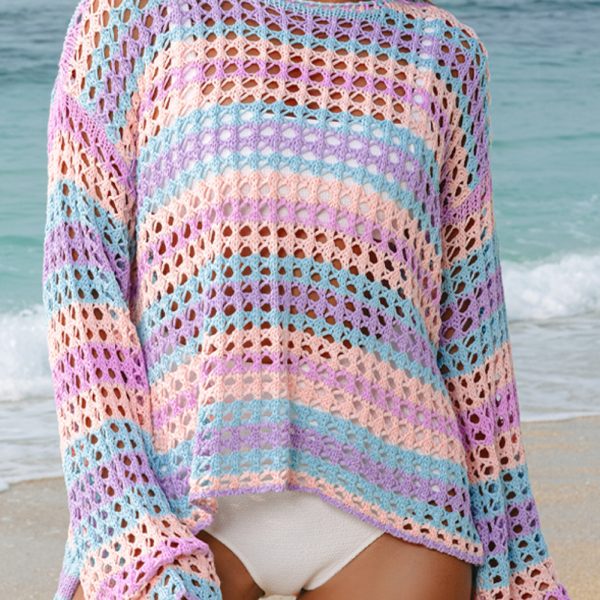 Purple Striped Hollow Knit Summer Beach Cover Up
