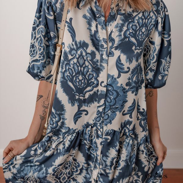 Blue Boho Floral Print Buttoned Collared Loose Fit Mini Dress