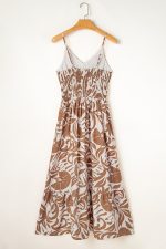 Khaki Floral Shirred High Waist Spaghetti Straps Maxi Dress - Image 8