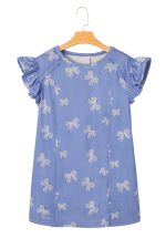 Sky Blue Bow Print Ruffle Sleeve Mini Dress - Image 14