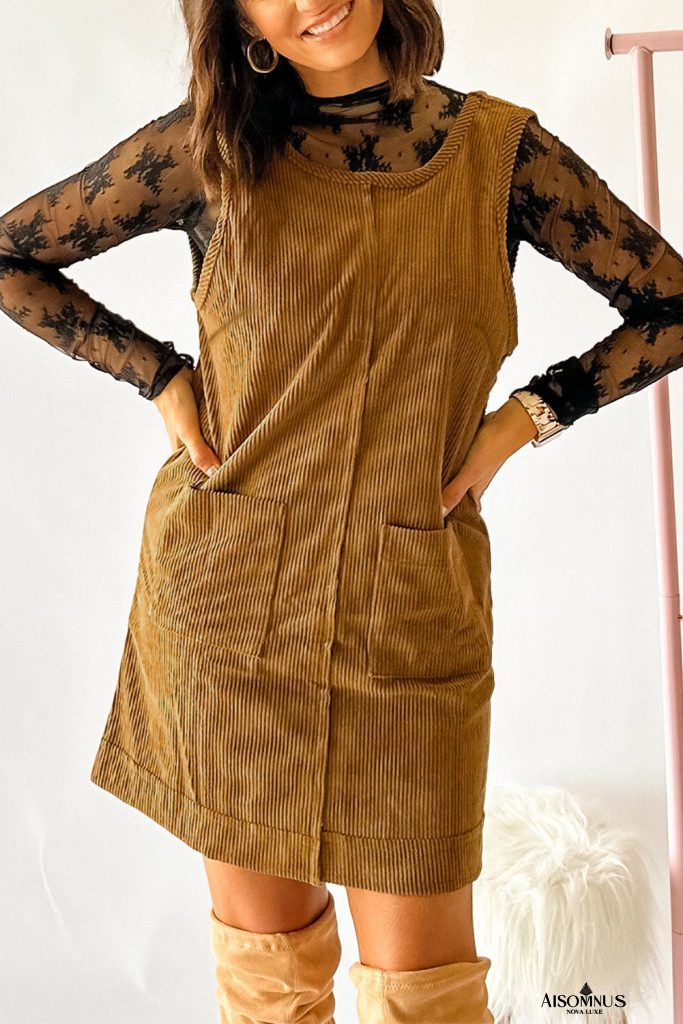 Beige Corduroy Exposed Seam Sleeveless Mini Dress