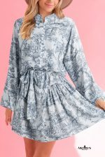 Gray Tropical Floral Print Button Front Belted Mini Dress