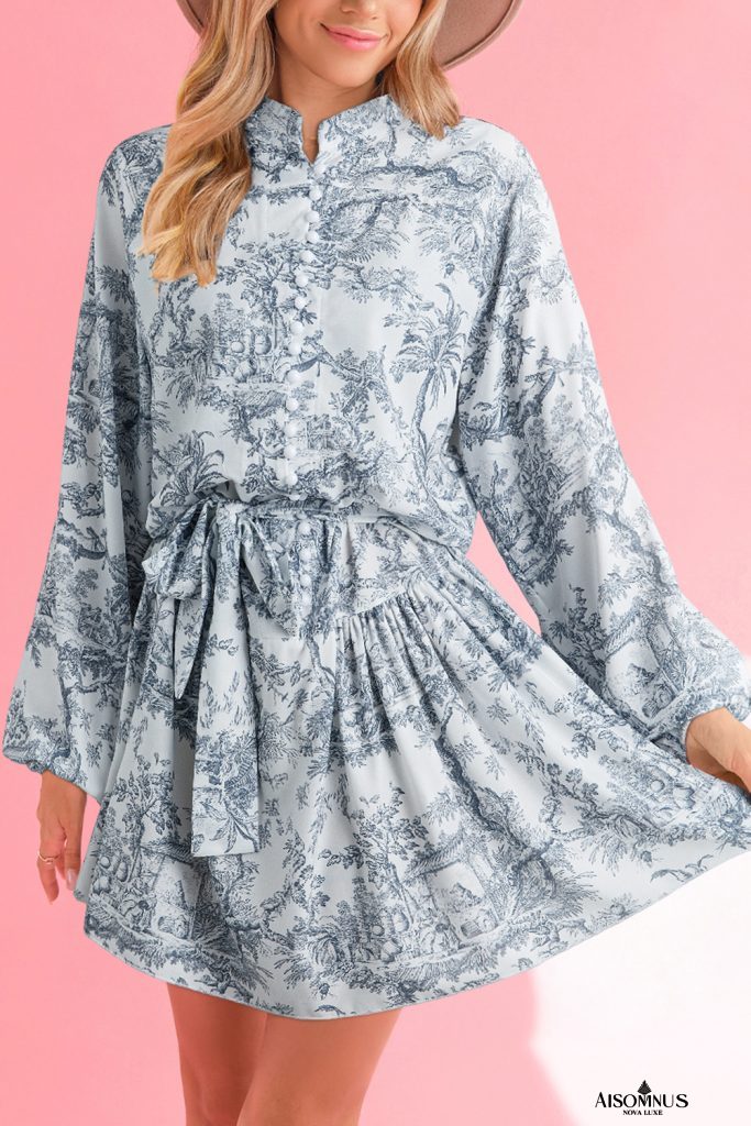 Gray Tropical Floral Print Button Front Belted Mini Dress
