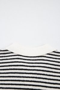 Black Mixed Striped Print Half Placket Collared Cap Sleeve Bodycon Sweater Dress - Image 12