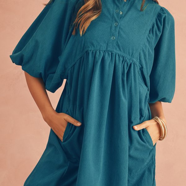 Light Blue Snap Button Empire Waist Lantern Sleeve Corduroy Dress
