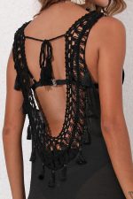 Black Crochet Patchwork V Neck Cut out Back Sleeveless Beach Dress - Image 6