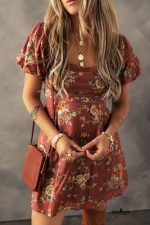 Red Floral Puff Sleeve Square Neck Knot Open Back Mini Dress - Image 5