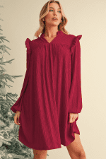 Fiery Red Frill Trim V Neck Loose Fit Ribbed Mini Dress - Image 3
