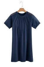 Navy Blue Contrast Lace Raglan Sleeve Pleated Mini Dress - Image 11