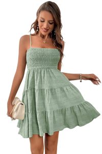 Smoke Green Solid Color Shirred Spaghetti Strap Textured Dress - Image 16