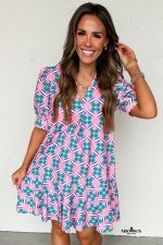 Pink Geometric Print V-Neck Ricrac Trim Mini Dress - Image 4