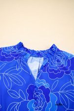 Blue Floral Print Ruffle Hem V Neck Flowy Mini Dress - Image 6