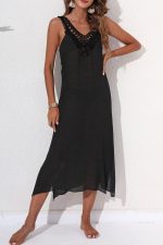 Black Crochet Patchwork V Neck Cut out Back Sleeveless Beach Dress
