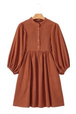 Gold Flame Light Snap Button Empire Waist Lantern Sleeve Corduroy Dress - Image 16