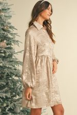 Apricot Metallic Sheen Puff Sleeve Button Up Mini Shirt Dress - Image 7