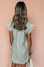 Green Stripe Frill Trim Pocket Button Up Mini Dress - Image 2