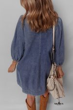 Sail Blue Pleated V Neck 3/4 Sleeve Denim Mini Dress - Image 2