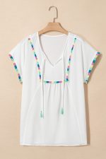 White Colorful Fringed Detail Tassel Tie Neck Short Sleeve Cover Up - Image 7