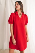 Fiery Red V Neck Puff Sleeve Textured Mini Dress - Image 9