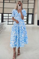 Sky Blue Floral Print Deep V Neck Puff Sleeve Flowy Dress - Image 3