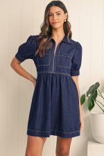 Dirty Blue Puff Sleeve Half Zipper Denim Flowy Dress - Image 5