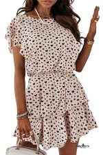 Khaki Heart Printed Flutter Sleeve Cinched Waist Tiered Ruffle Mini Dress - Image 11