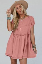 Dusty Pink Textured Patched Pocket Frilly Mini Dress - Image 5