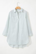 White Stripe Collared V Neck Chest Pocket Long Sleeve Beach Cover up - Image 5