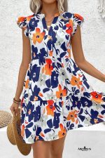 Orange Floral Print Notched Neck Flutter Sleeve Mini Dress - Image 4