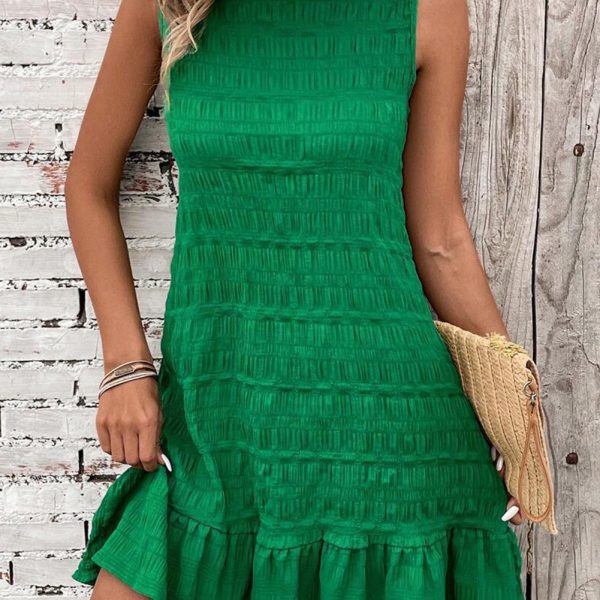 Bright Green Back Lace Up Ruffle Hem Sleeveless Short Dress