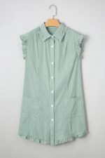 Green Stripe Frill Trim Pocket Button Up Mini Dress - Image 17