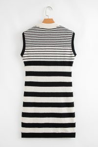 Black Mixed Striped Print Half Placket Collared Cap Sleeve Bodycon Sweater Dress - Image 8