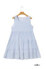 Light Blue Gingham High Waist Sleeveless Mini Dress - Image 13