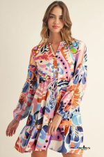 Dark Blue Abstract Floral Print Drawstring Mini Dress - Image 3