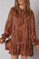 Brown Leopard Print Tie Neck Loose Fit Mini Dress