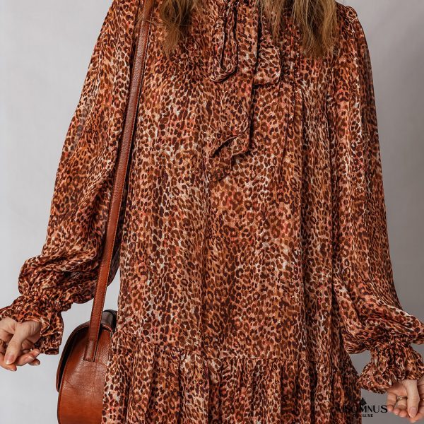 Brown Leopard Print Tie Neck Loose Fit Mini Dress