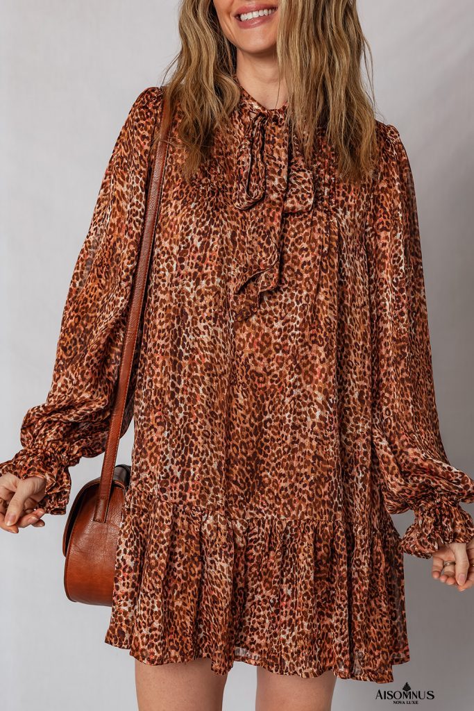 Brown Leopard Print Tie Neck Loose Fit Mini Dress