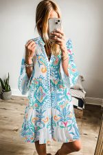 Sky Blue Ethnic Print Boho Tiered Mini Dress - Image 3