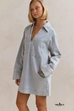 Beau Blue V Neck Collar Pocket Denim Mini Dress - Image 4