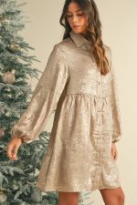 Apricot Metallic Sheen Puff Sleeve Button Up Mini Shirt Dress - Image 6