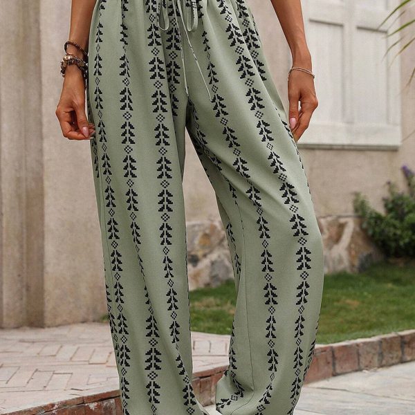 Green Geometric Print Drawstring High Waist Pants