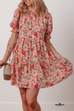 Multicolour Floral Print Frilled Neck Puff Sleeve High Waist Dress - Image 6