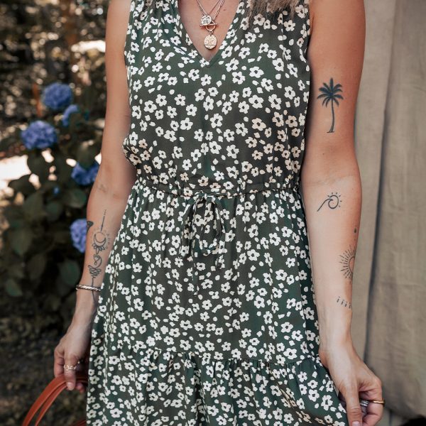 Green Boho Floral Print V Neck Knot Waist Sleeveless Dress
